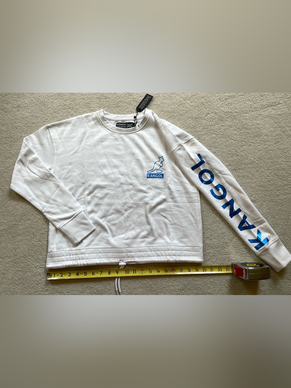 Kangol White Crewneck Sweater with Blue Logo Sleeve